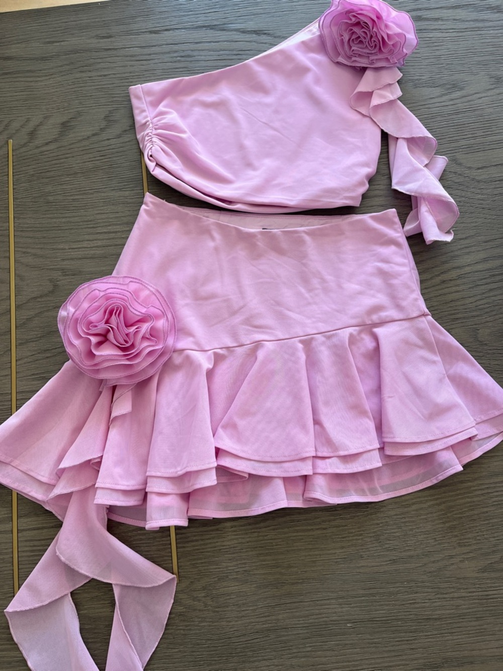 Pink One-Shoulder Ruffle Skirt Dress with Floral Accents